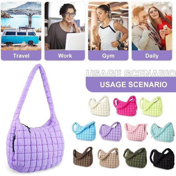 Puffer Tote Bag Nylon Medium Large Capacity Crossbody Shoulder Purse - Picture 7 of 7